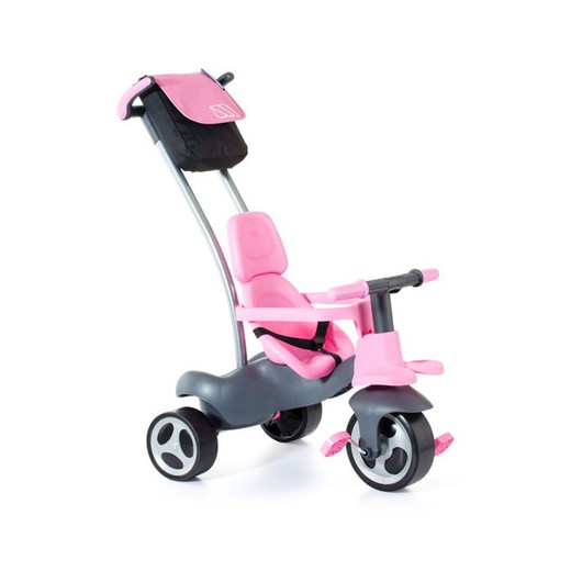 Triciclo rueda de goma, con cinturón y bolsa rosa