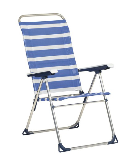 Aluminum deck chair with pos. text stripes