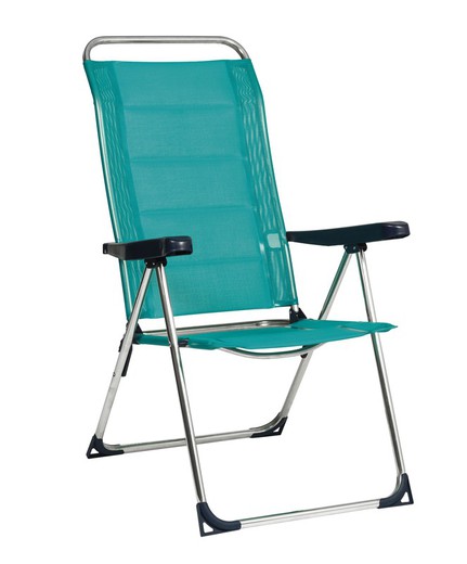 Aluminum deck chair with pos. turquoise text
