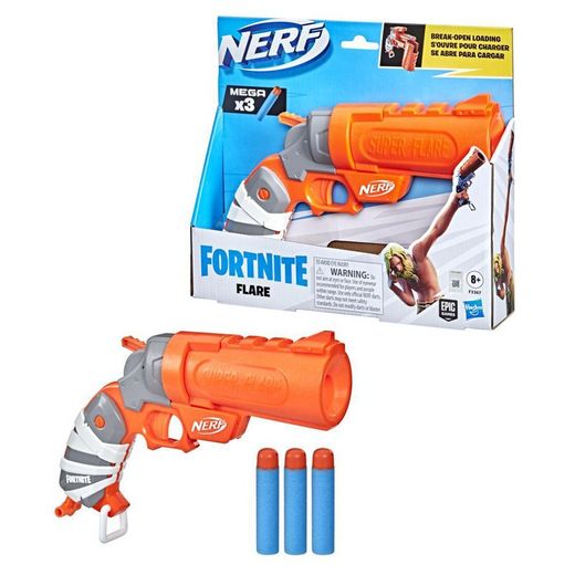 Nerf Fortnite Flare Dart Blaster, carga de dardos abierta, 3 dardos oficiales Nerf Mega Whistle, mango de cebado desplegable