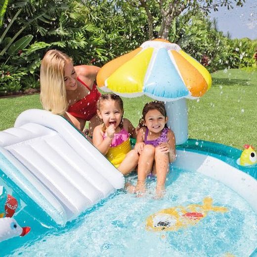 Piscina bebé hinchable con tobogán y pulverizador 203x173x89 cm
