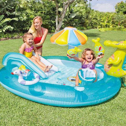 Piscina bebé hinchable con tobogán y pulverizador 203x173x89 cm